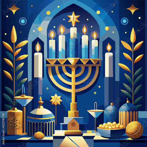 Elegant Hanukkah illustration with glowing menorah, traditional food, candles, and festive decorations in blue and gold tones, flat vector art celebrating Jewish holiday traditions in ornate setting
