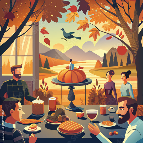 Warm autumn vector illustration of a family gathered around a festive dinner table with seasonal food and fall foliage perfect for Thanksgiving holiday themes and cozy celebration designs
