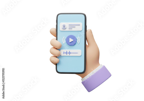 Hand holding smartphone with audio player interface