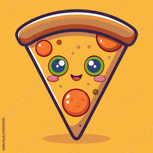 Cute cartoon slice of pepperoni pizza with smiling face and big eyes on yellow background perfect for food icons children’s designs playful illustrations and fast food themed content
