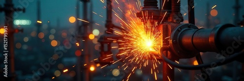 Close-up view of high-voltage electrical equipment sparking, highlighting the inherent dangers of power plant operation and the risk of electrical shock or fire , substation, sparks