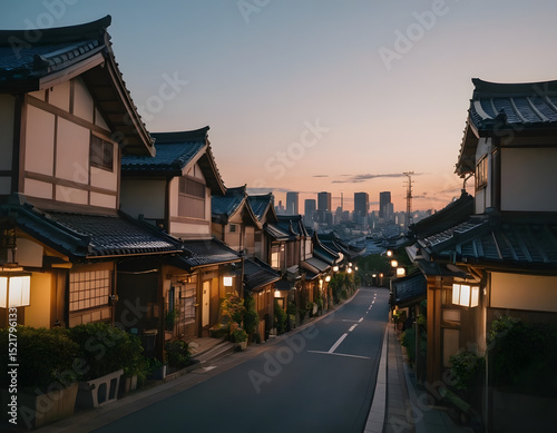 a beautiful Japanese city of Tokyo in the evening. houses on the street. anime cartoonish art style. cozy lofi asian architecture, street at night
