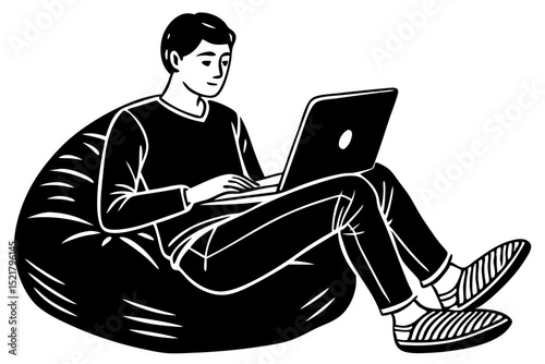 Relaxed Man Working on Laptop from Bean Bag Chair, man, laptop, bean, bag, working, relaxing, visual, wellbeing, relaxed, typing, remote, profession, monochrome, keyboard, entrepreneur, concentration,
