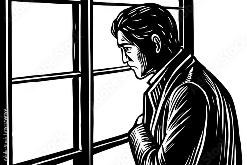 Man Gazing Out Window A Black and White Woodcut Illustration, man, window, woodcut, melancholy, patterns, visual, feeling, aesthetic, serious, picture, monochrome, mood, painting, arts, lines, perspec