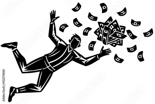 Man Falling, Money Flying Illustration of Financial Instability, money, falling, financial, instability, economics, stylized, visual, poverty, recovery, profit, boom, loss, rich, planning, economic, m