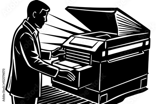 Man Operating Vintage Office Photocopier Machine, man, photocopier, office, vintage, technology, royalty, task, graphics, visual, printing, resolution, documents, aesthetic, operating, fashioned, pict