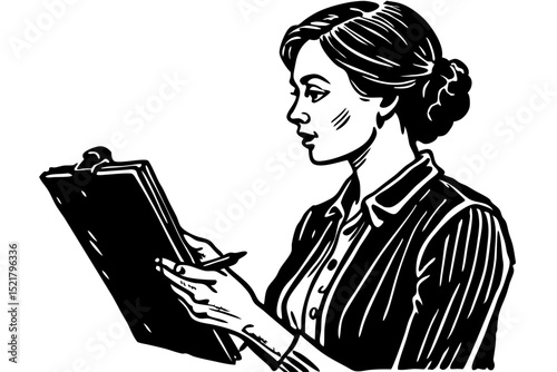 Woman Reviewing Documents Black and White Illustration, woman, reviewing, documents, black, white, responsibility, task, organization, notes, monitoring, visual, review, record, efficiency, formal, re