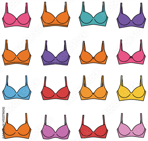 Vibrant vector bra collection showcasing simple, modern designs in various colors. Ideal for fashion, lingerie, and apparel graphic design projects. Diverse styles.