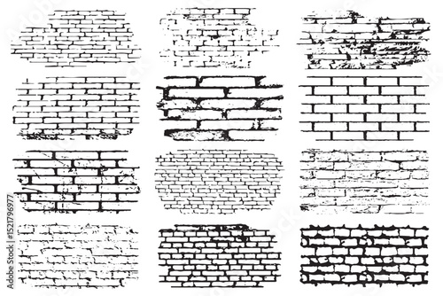 Grunge Brick Wall Texture Collection – 12 Black and White Variants