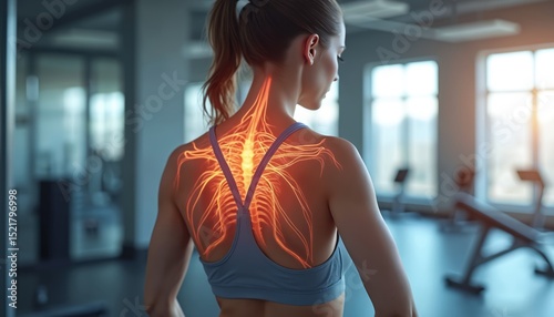 Woman experiencing armpit pain gym. Illustration highlights axillary nerve pain area due to thoracic outlet syndrome from overhead exercises. Health medicals concept isolated on white background,