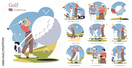 Dynamic Golf Players in Action Vector Illustration Set