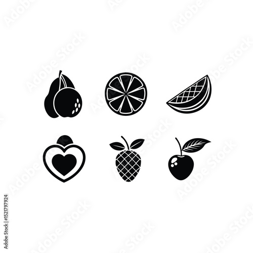 81 Apple Lemon Lichi watermlon Love Icon set Vactor Simple Set of Fruits Black and White Backgrounds