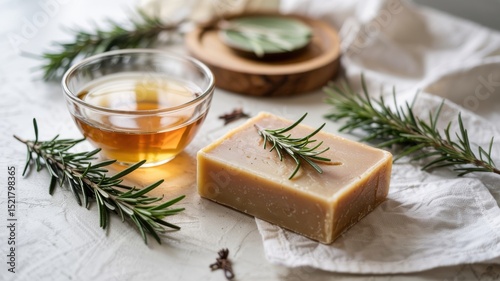 Promotional photo of soap with apple cider vinegar and rosemary. The bar of soap is light in color with hints of rosemary. Soap surrounded by rosemary sprigs and a cup of apple cider vinegar.