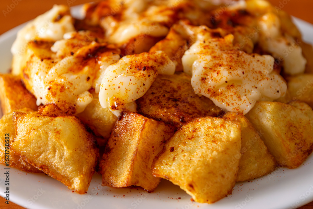 Close-up of patatas bravas with aioli and spicy paprika, a typical Spanish dish Close-up of patatas bravas with aioli and spicy paprika, a typical Spanish dish