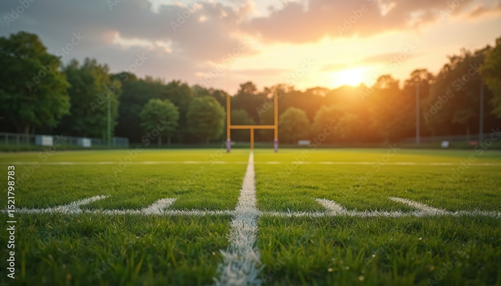 Obraz premium Rugby field with trimmed grass, white boundary lines, sturdy goalposts in rural landscape during golden hour. Soft sunlight, green grass, scenic views. Perfect place play match or enjoy game.