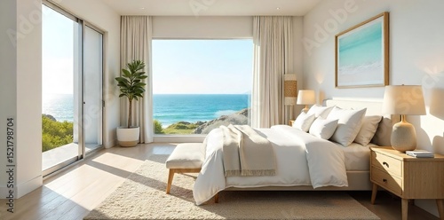Sun-drenched California bedroom with ocean view, white walls, and coastal decor Relaxing beach vibes, perfect for a tranquil escape Large window, natural light, stylish furniture , sun, window