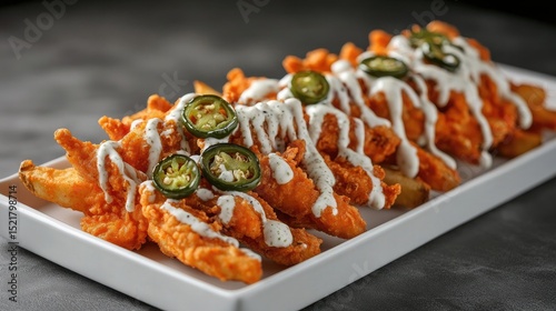 A modern arrangement of crispy buffalo chicken fries topped with jalape?+/-os and drizzled with ranch dressing