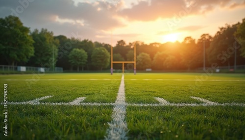 Rugby field with trimmed grass, white boundary lines, sturdy goalposts in rural landscape during golden hour. Soft sunlight, green grass, scenic views. Perfect place play match or enjoy game.