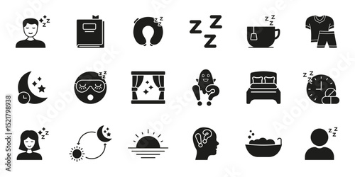 Sleep And Relaxation Solid Icon Set. Restful Sleep, Nighttime Routine, And Relaxation Silhouette Symbol Collection. Sleep Hygiene And Wellness. Isolated Vector Illustration
