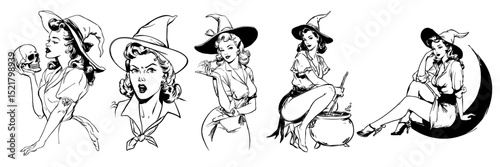 A set of vintage retro pin up style halloween witch. line art illustration style