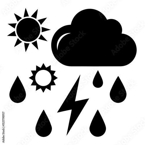Poker card suit weather forecast vector icons set: sun, cloud, heart, club, and spade symbols for game and casino design illustration