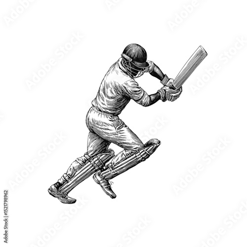 Vintage Cricket player with bat illustration, drawn in an engraved, woodcut style with fine details sketch engraving vector illustration. Scratch board imitation. Black and white image.