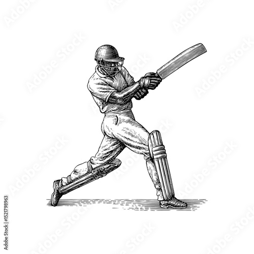 Vintage Cricket player with bat illustration, drawn in an engraved, woodcut style with fine details sketch engraving vector illustration. Scratch board imitation. Black and white image.