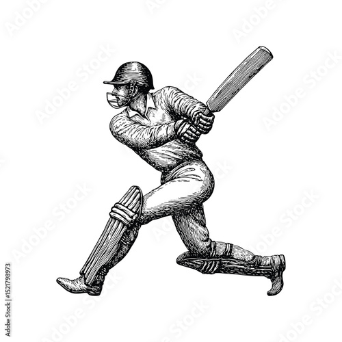 Vintage Cricket player with bat illustration, drawn in an engraved, woodcut style with fine details sketch engraving vector illustration. Scratch board imitation. Black and white image.