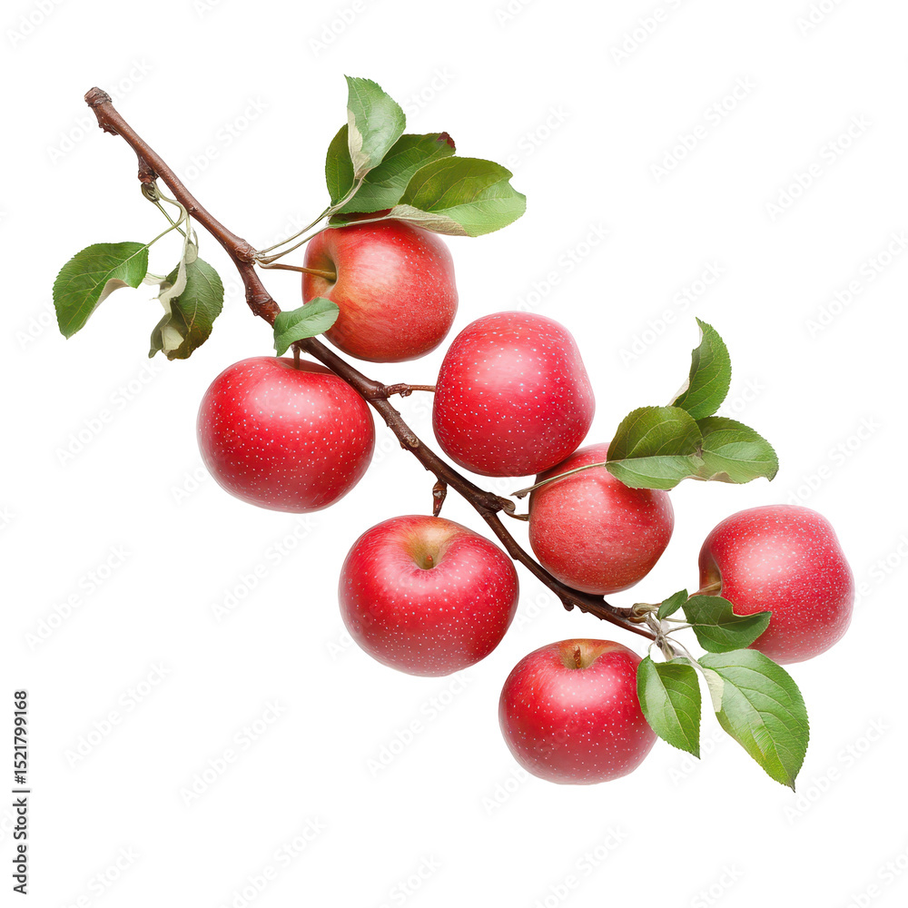 Obraz premium Red apples on a branch with green leaves against a white background