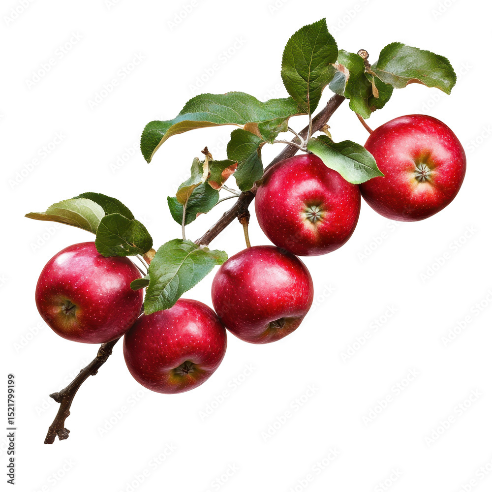 Five red apples on a branch with green leaves in close-up Five red apples on a branch with green leaves in close-up
