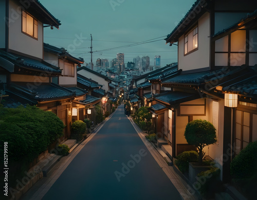 a beautiful Japanese city of Tokyo in the evening. houses on the street. anime cartoonish art style. cozy lofi asian architecture, street at night