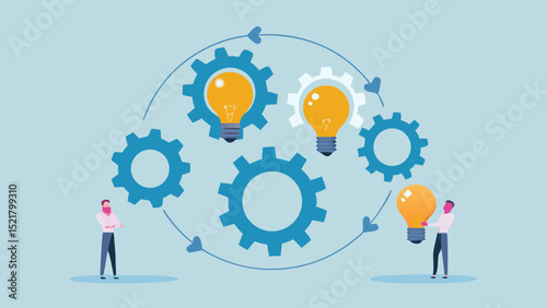 Collaborative brainstorming session featuring gears and bright lightbulbs representing innovative ideas on a