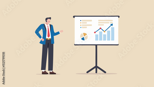 A confident presenter sharing data insights with an upward trending graph against a beige backdrop and simple