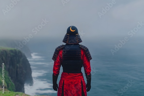 Lone samurai in red and black armor facing cliff and ocean, back view warrior concept, cinematic solitude mood with misty landscape and distant battle theme

 photo