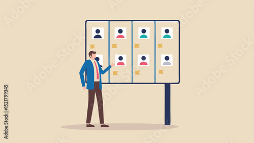 Manager evaluates candidates on a board reviewing skills and experience in a flat illustration with a beige