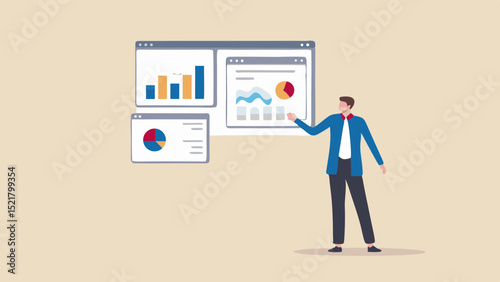 Business analyst presents compelling growth data with modern charts and graphs in simple flat vector