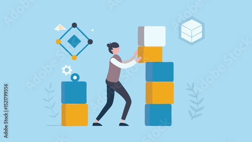 Building Success A woman stacking colorful cubes symbolizing business growth and strategy with a light blue