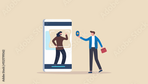 Remote worker using facial recognition on phone for secure access at work with pastel minimalist background