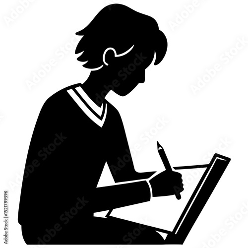 Businessman in a suit sitting at a desk, typing on a laptop with a silhouette of another person in the office