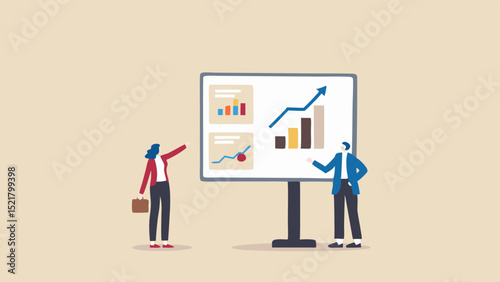 Business meeting analyzing financial charts and graphs showcasing progress and growth on a light beige