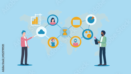 Visualizing a global network connecting diverse individuals data insights and cloud technology with flat