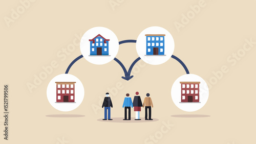 Navigating choices A team deciding between buildings charting a course for growth collaboration in flat vector