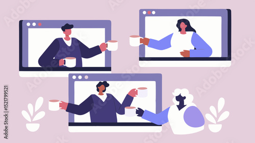 Virtual coffee break Team connecting online fostering connection despite distance with flat illustration and