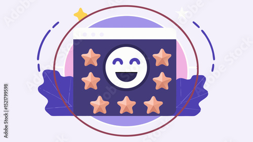 Achieving glowing online feedback with shining stars and a smiley face showcasing rating interface with cute