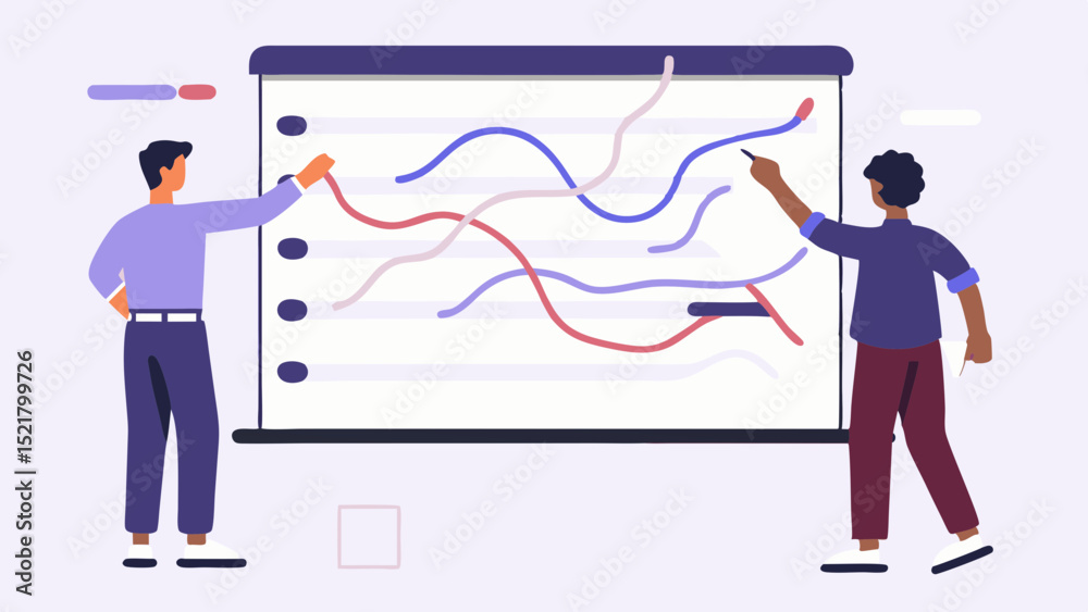 Fototapeta premium Collaborating team analyzes trending data on a whiteboard brainstorming solutions and insights with modern