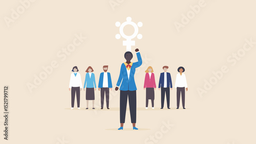 A strong woman leading a group under a feminist symbol championing equality and empowerment on a clean simple