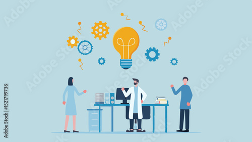 Brainstorming session leading to innovative solutions with scientist gears and a glowing light bulb on a