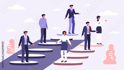 Team navigating challenges reaching goals together with focus and unity on stylized steps against a soft
