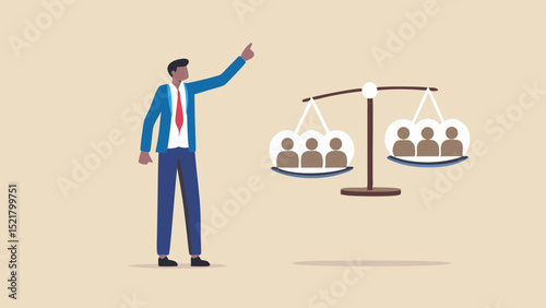 Navigating corporate fairness a business leader guides balance with people on scales against neutral beige