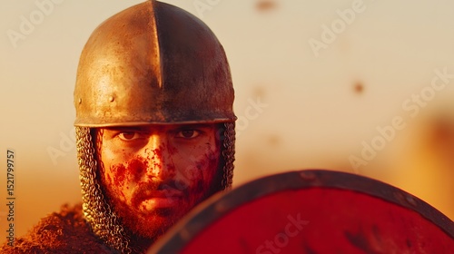 Medieval warrior in bronze helmet with red shield, battle scarred face, close-up portrait in historical armor, sunset cinematic lighting and intense war background

